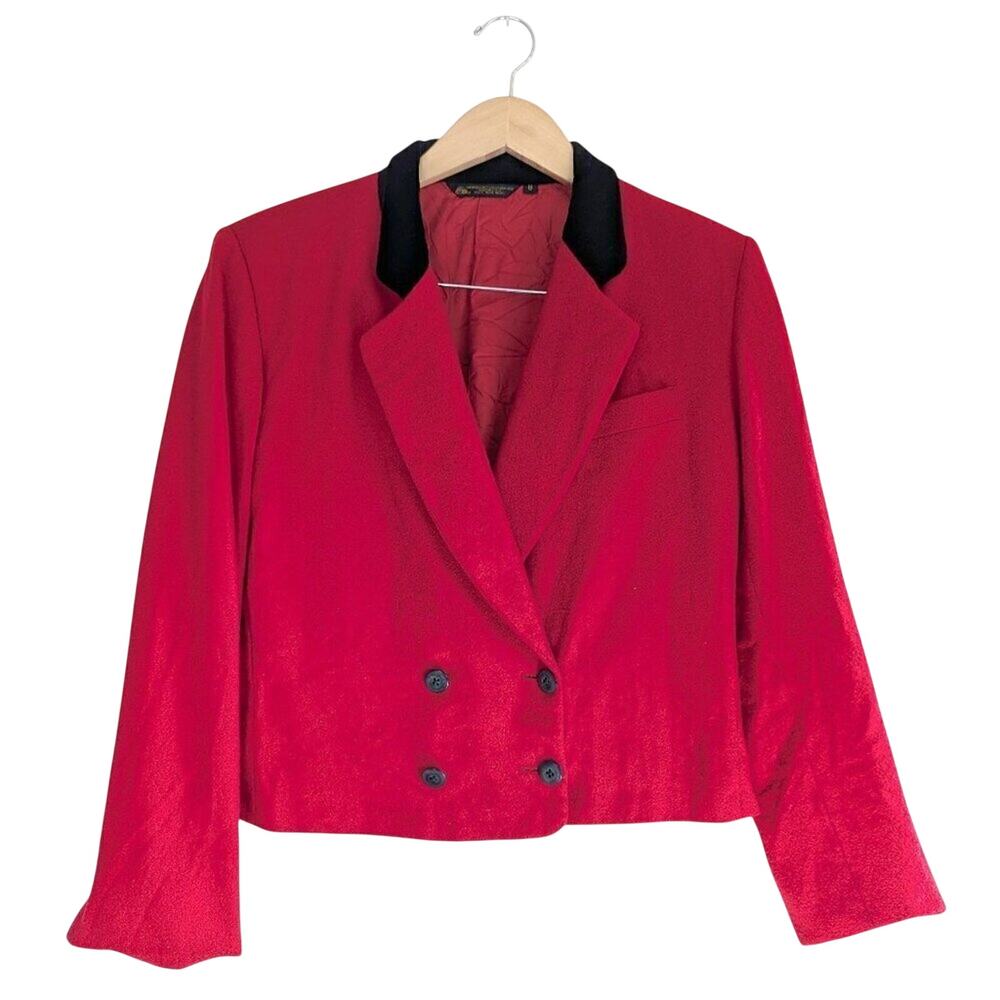 Vintage Red Wool and Velvet Cropped Double Breasted Jacket Red Coat